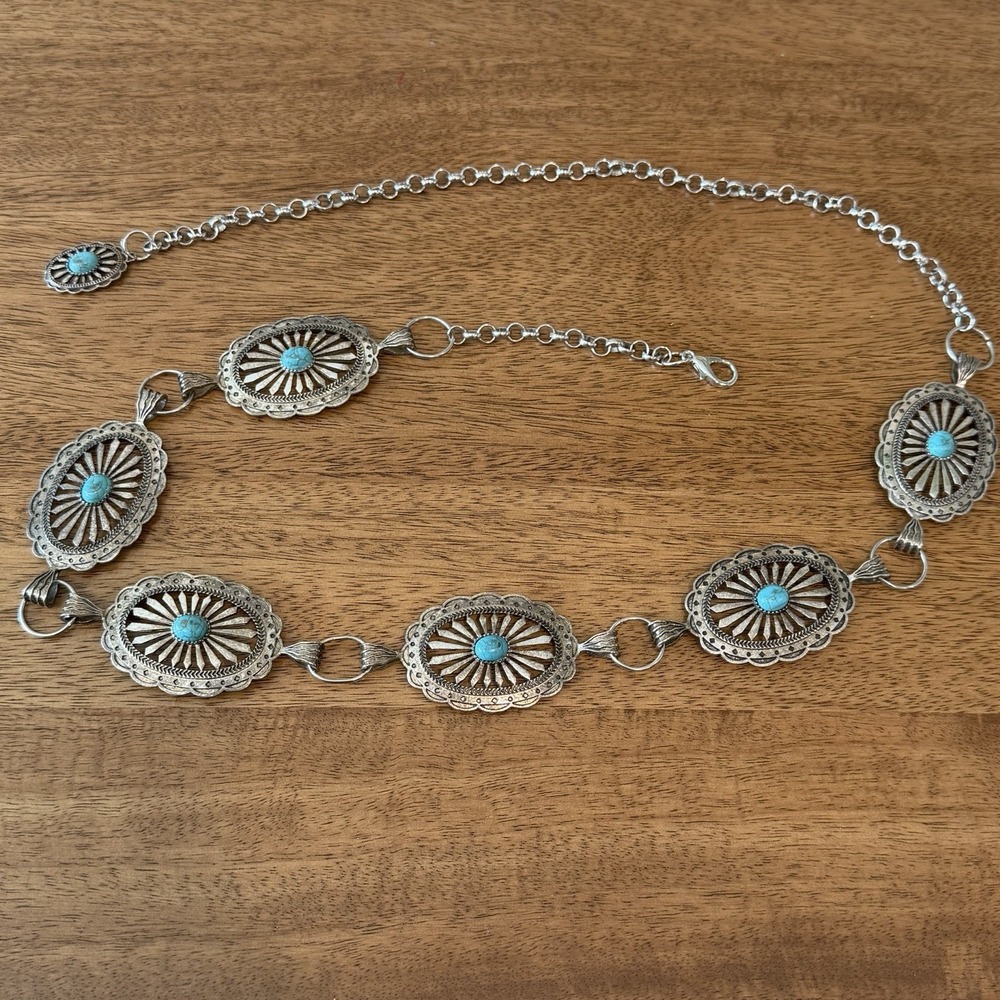 Southwestern Concho Style Belt Faux Turquoise Silver Tone Medallion Western 40"